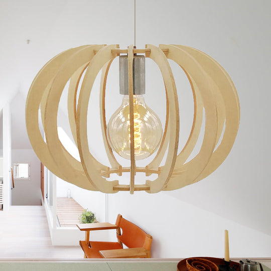 Modern Round Drum Pendant Light Fixture - Wood & Beige Restaurant Hanging Lamp