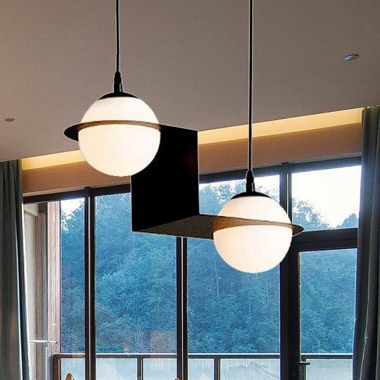 Modernist Ball White Glass Cluster Pendant Light - Straight/Curved Design 2/3 Lights Black Led