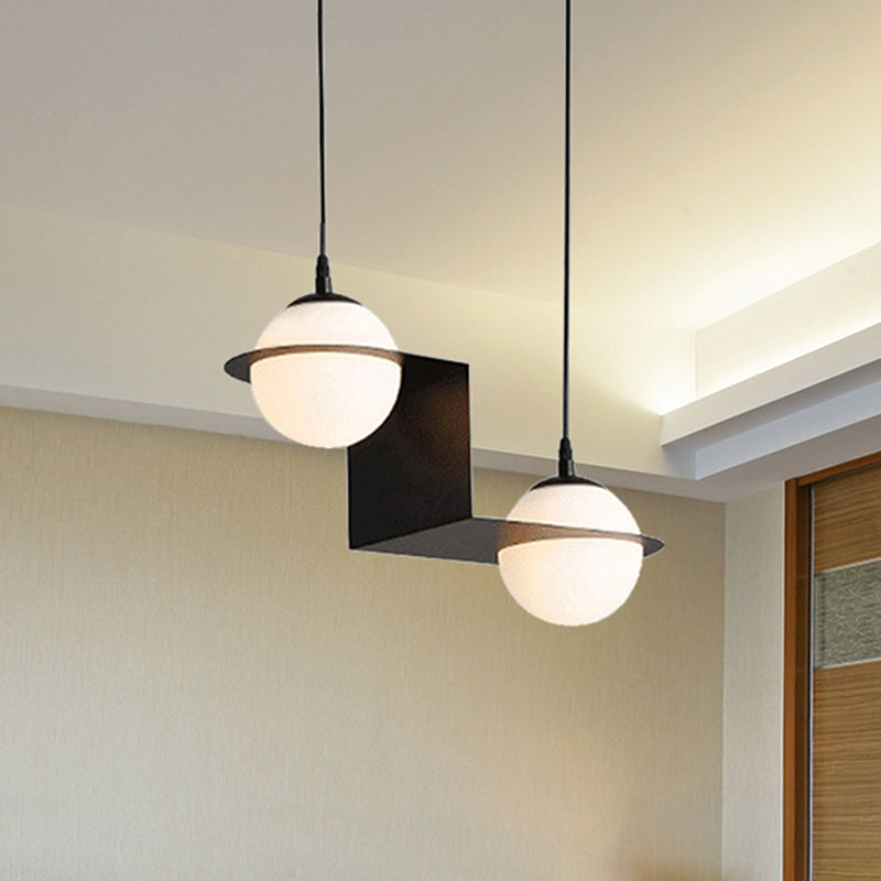 Modernist Ball White Glass Cluster Pendant Light - Straight/Curved Design 2/3 Lights Black Led