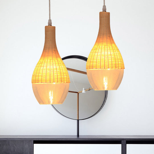 Modern Bamboo Hanging Pendant Light - 6"/10" Wide, Teardrop/Onion, Single Light, Yellow Suspension Lamp with Clear Glass Shade