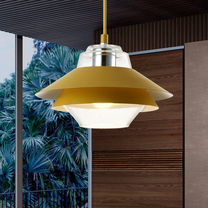Stylish Gray/Yellow Flared Hanging Pendant Light with Clear Glass Shade