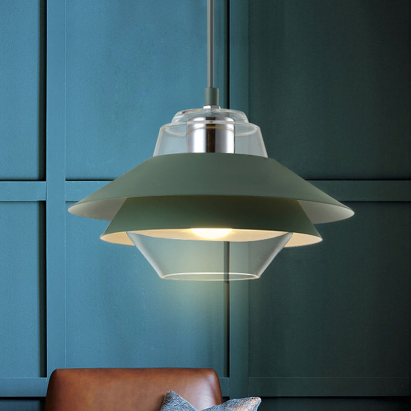 Macaron Stylish Flared Pendant Light: Gray/Yellow | Metal Lamp With Clear Glass Shade