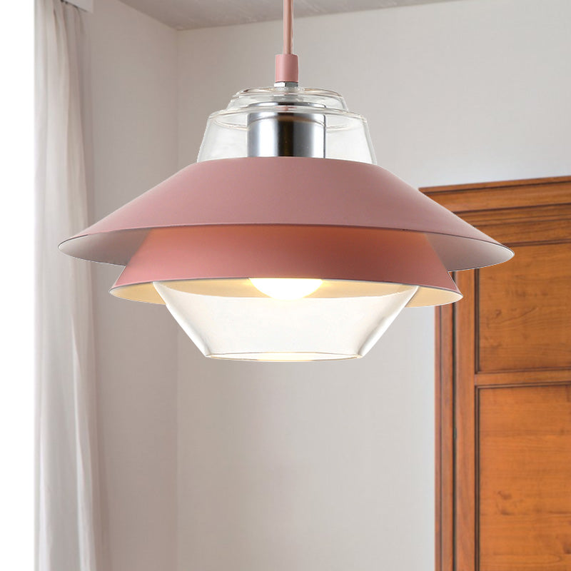 Macaron Stylish Flared Pendant Light: Gray/Yellow | Metal Lamp With Clear Glass Shade Pink