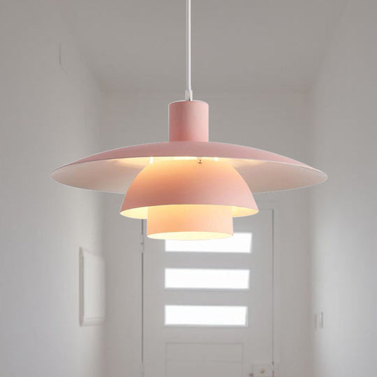 Nordic Metal Pendant Lamp With Tiered Design And Flared Shade - 1-Head Pink/White Hanging Lighting