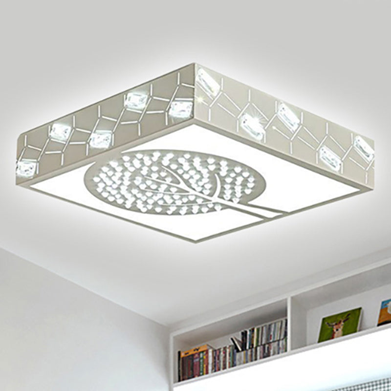 Nordic Metal LED Bedroom Ceiling Lamp - Square Box Flush Mount with Crystal Bead & Tree Pattern, White/Warm Light