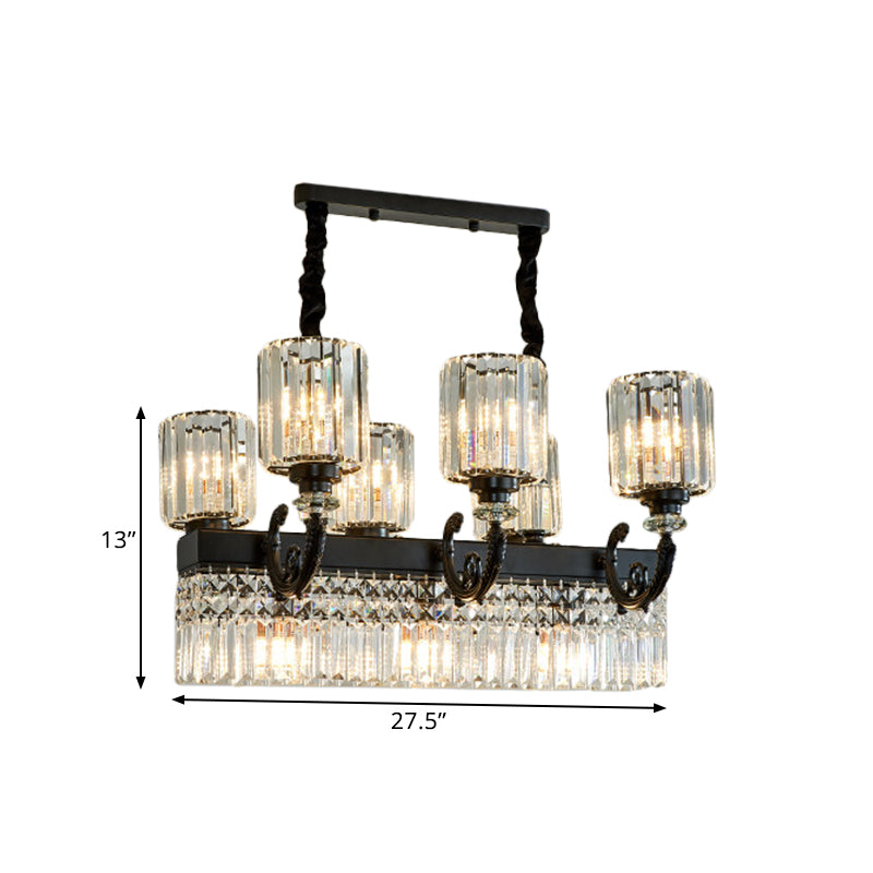 Modern Black Crystal Prism Island Pendant Lamp With Fringe - 9-Head Cylindrical Style