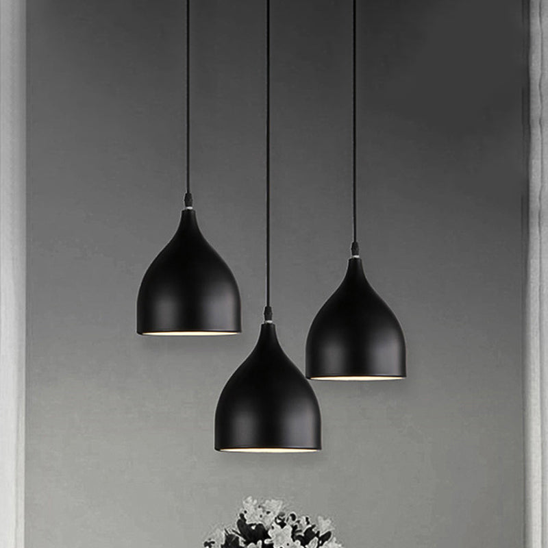 Modern 3-Light Bell Pendant in Black/White Metal with Round/Linear Canopy