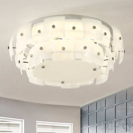 Modern 2-Tier White Glass Drum Flush Mount Ceiling Light Fixture for Living Room