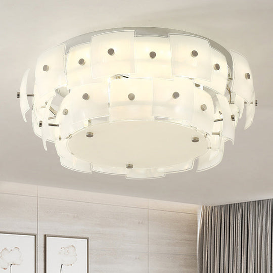 Modern 2-Tier White Glass Drum Flush Mount Ceiling Light Fixture for Living Room