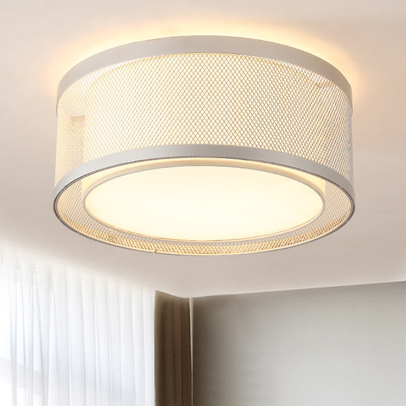 Contemporary 4-Light Silver Metal Drum Flush Mount Ceiling Lamp with Frosted Diffuser