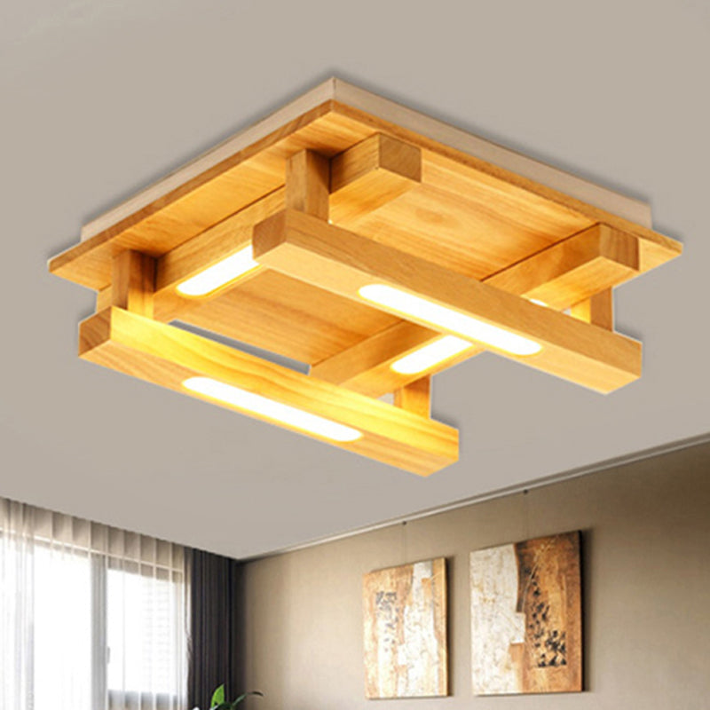 LED Flush Ceiling Light with Square Wood Shade - Modernist Brown Finish for Living Room (1/4/9 Lights) - White/Warm Light