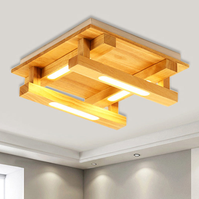 LED Flush Ceiling Light with Square Wood Shade - Modernist Brown Finish for Living Room (1/4/9 Lights) - White/Warm Light