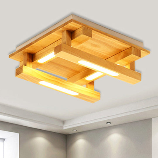 LED Flush Ceiling Light with Square Wood Shade - Modernist Brown Finish for Living Room (1/4/9 Lights) - White/Warm Light