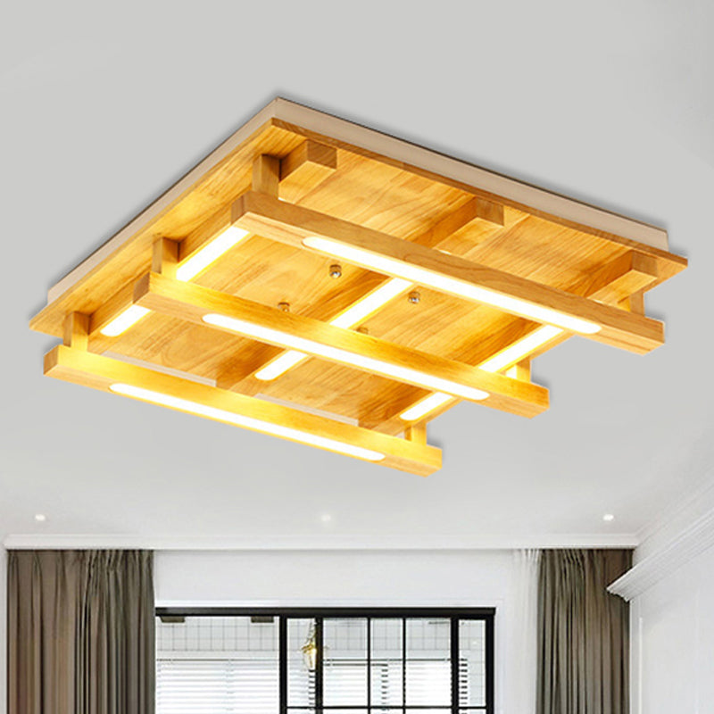 LED Flush Ceiling Light with Square Wood Shade - Modernist Brown Finish for Living Room (1/4/9 Lights) - White/Warm Light