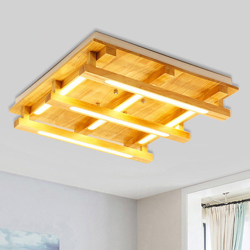 LED Flush Ceiling Light with Square Wood Shade - Modernist Brown Finish for Living Room (1/4/9 Lights) - White/Warm Light
