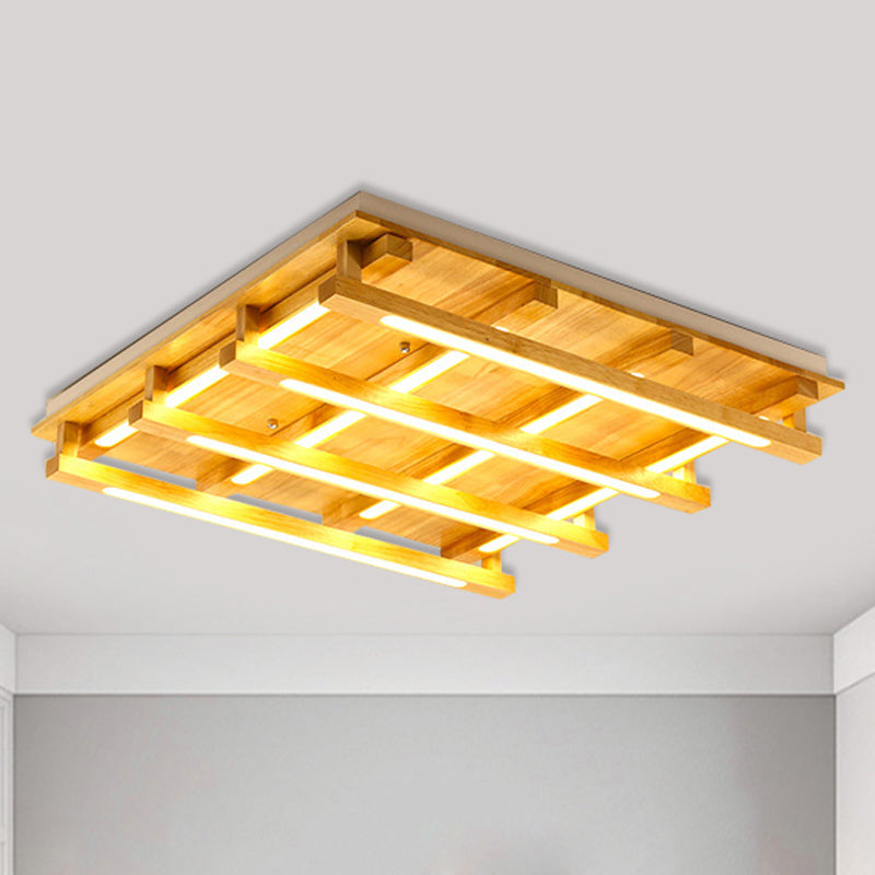 LED Flush Ceiling Light with Square Wood Shade - Modernist Brown Finish for Living Room (1/4/9 Lights) - White/Warm Light