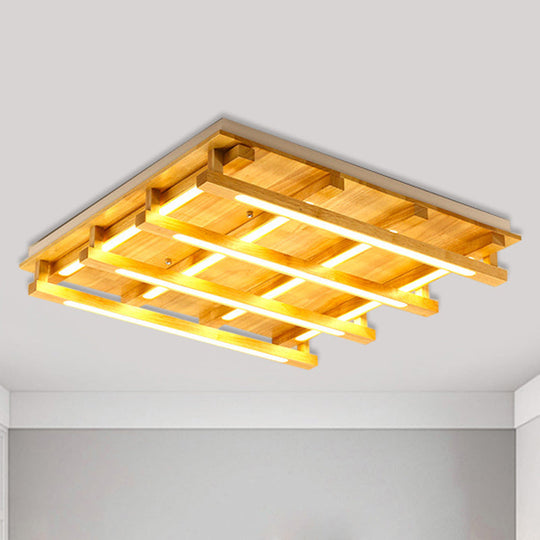 LED Flush Ceiling Light with Square Wood Shade - Modernist Brown Finish for Living Room (1/4/9 Lights) - White/Warm Light