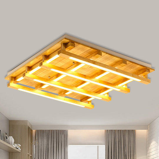 LED Flush Ceiling Light with Square Wood Shade - Modernist Brown Finish for Living Room (1/4/9 Lights) - White/Warm Light
