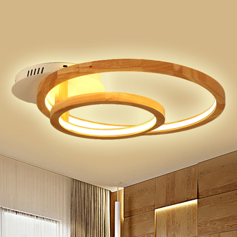 Modern 2-Tier Ring Wood LED Brown Semi Flush Mount for Warm Bedroom Light - 18.5"/23" Wide