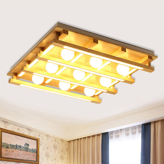 Modern Square Wood Flush Mount Lamp with LED Lights - Brown Flush Mount Ceiling Light Fixture with White Glass Ball Shade in White/Warm Light