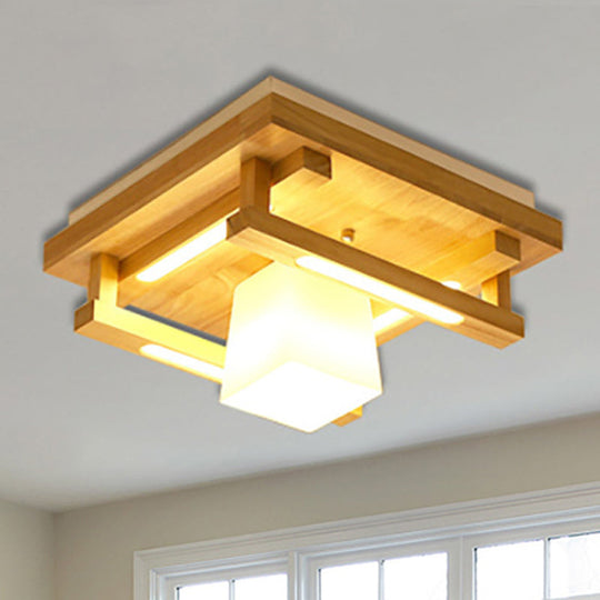 Modernist Wood Square Flush Mount Lighting with 1/4/9 Brown LED Lights and White Glass Cubic Shade in White/Warm Light