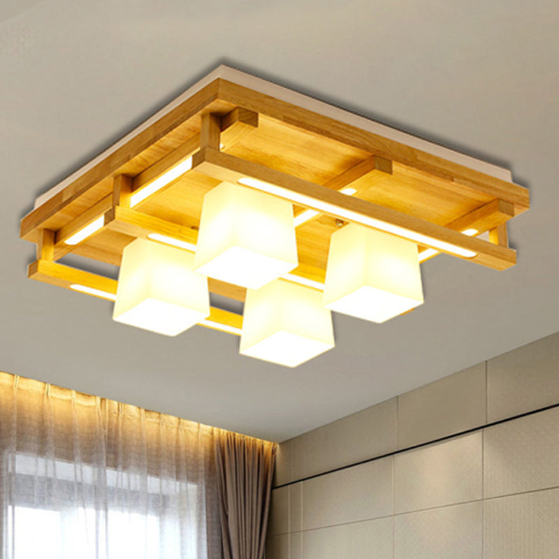 Modernist Wood Square Flush Mount Lighting with 1/4/9 Brown LED Lights and White Glass Cubic Shade in White/Warm Light