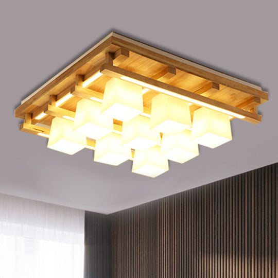 Modernist Wood Square Flush Mount Lighting with 1/4/9 Brown LED Lights and White Glass Cubic Shade in White/Warm Light