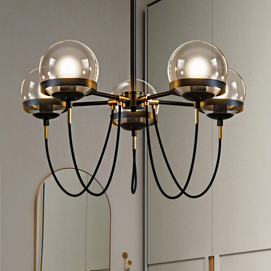 Modernist Multi-Light Pendant Chandelier: Global Clear Glass, Black/Gold, Inner Smoke Glass Ball Shade