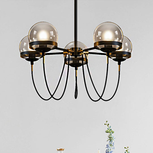 Modernist Multi-Light Pendant Chandelier: Global Clear Glass, Black/Gold, Inner Smoke Glass Ball Shade