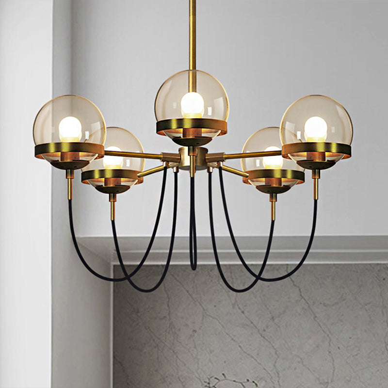 Modernist Multi-Light Pendant Chandelier: Global Clear Glass, Black/Gold, Inner Smoke Glass Ball Shade