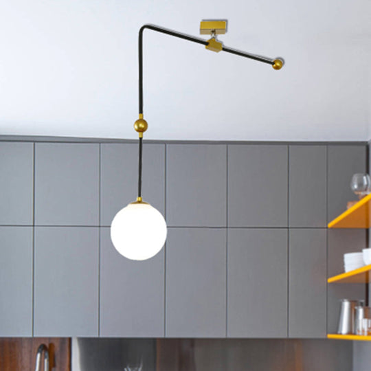 Modern White Glass Hanging Light With Adjustable Metal Rod And Black Pendant