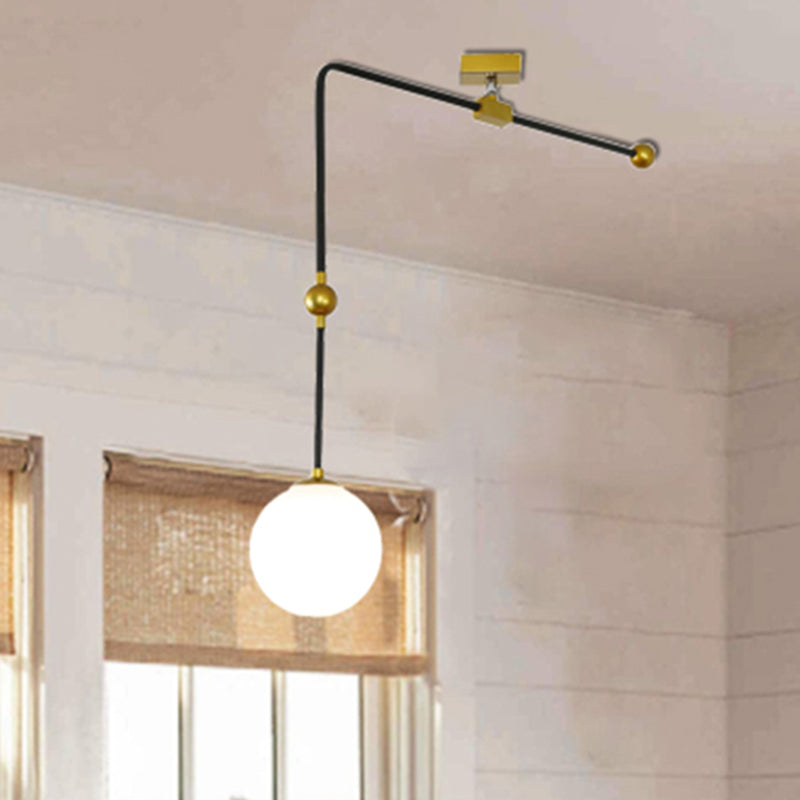 Modern White Glass Hanging Light With Adjustable Metal Rod And Black Pendant