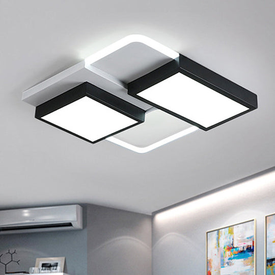 Modernist LED Flush Mount Lamp, Black & White, 21.5"/35.5" Wide Metal Ceiling Fixture for Living Room, White/Warm Light