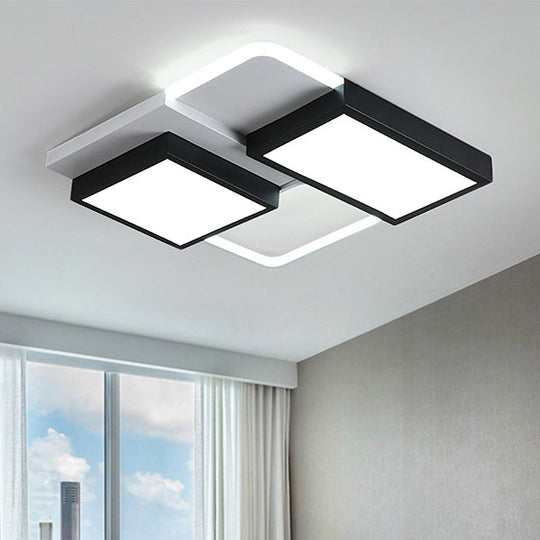 Modernist LED Flush Mount Lamp, Black & White, 21.5"/35.5" Wide Metal Ceiling Fixture for Living Room, White/Warm Light