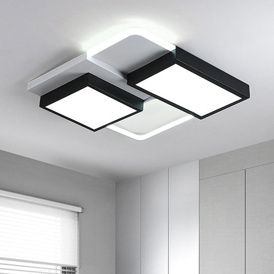Modernist LED Flush Mount Lamp, Black & White, 21.5"/35.5" Wide Metal Ceiling Fixture for Living Room, White/Warm Light