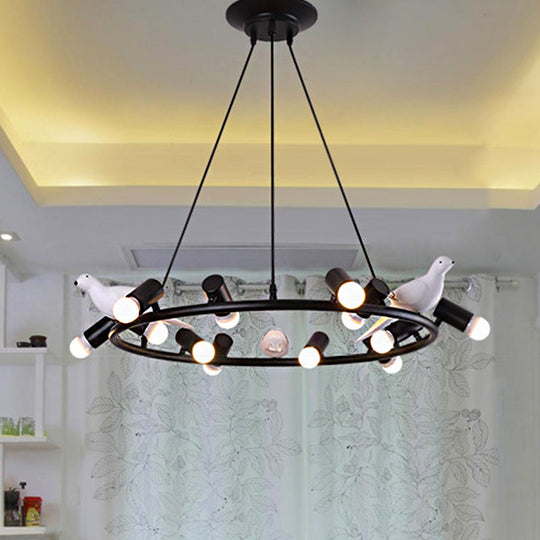Black Metal Ring Pendant Chandelier with Bird Ornament - Modern 6/8-Light Ceiling Light for Dining Room