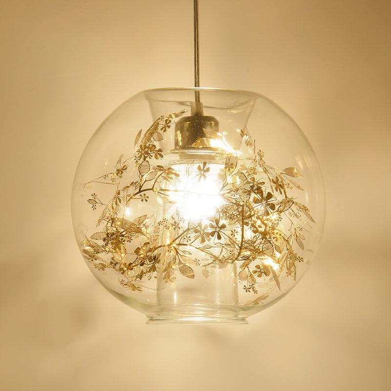 Minimalist Glass Pendant Light With Scattered Flower Deco - Global Design 1 Bulb Ceiling Suspension