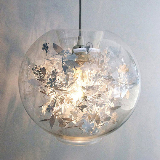 Minimalist Glass Pendant Light With Scattered Flower Deco - Global Design 1 Bulb Ceiling Suspension