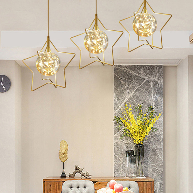 Gold Star And Ball Cluster Pendant - 3 Heads Clear Glass Led Hanging Light For Restaurants