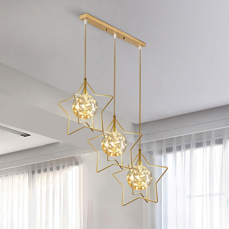 Gold Star And Ball Cluster Pendant - 3 Heads Clear Glass Led Hanging Light For Restaurants