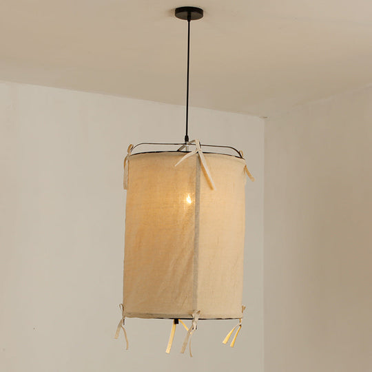 Japanese Style Pendant Light with Beige Fabric, Ideal for Restaurants - 1-Bulb Hanging Lamp