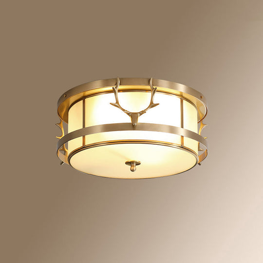 Colonial Style Gold Finish 4-Light Ceiling Flush Mount With Frosted Glass Bowl Shape / Antler