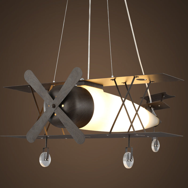 Black Biplane Hanging Lamp - Childrens Frosted White Glass Pendant Light For Bedroom / 17