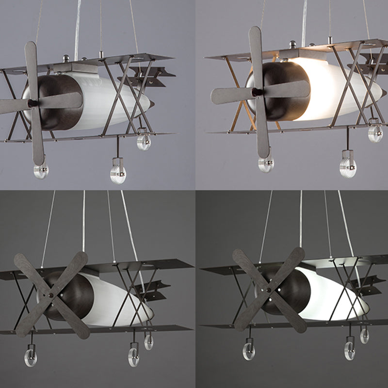 Black Biplane Hanging Lamp - Childrens Frosted White Glass Pendant Light For Bedroom