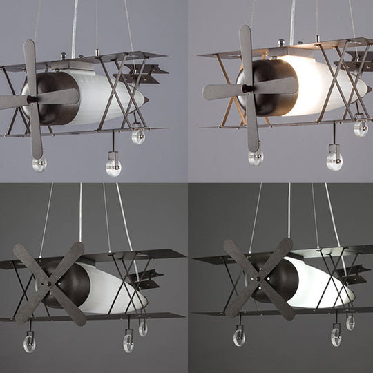 Black Biplane Hanging Lamp - Childrens Frosted White Glass Pendant Light For Bedroom