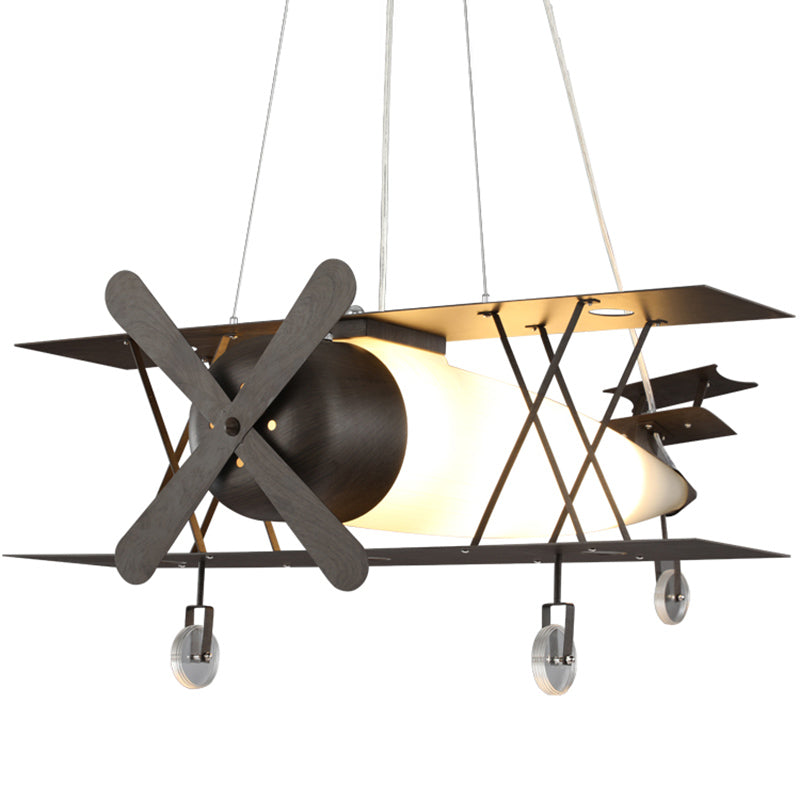 Black Biplane Hanging Lamp - Childrens Frosted White Glass Pendant Light For Bedroom
