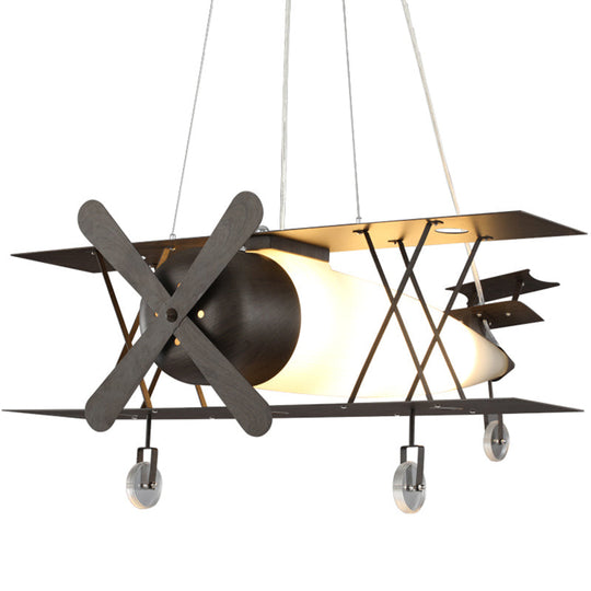 Black Biplane Hanging Lamp - Childrens Frosted White Glass Pendant Light For Bedroom