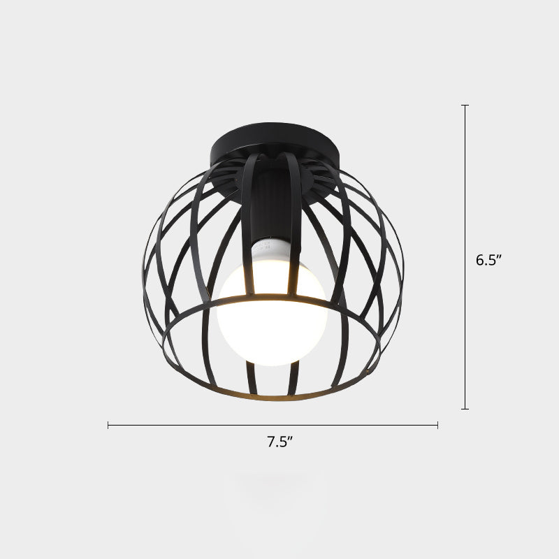 Industrial Metal Flush Ceiling Light Fixture - Cage Style, Small Aisle, 1 Head Black Flushmount Lighting