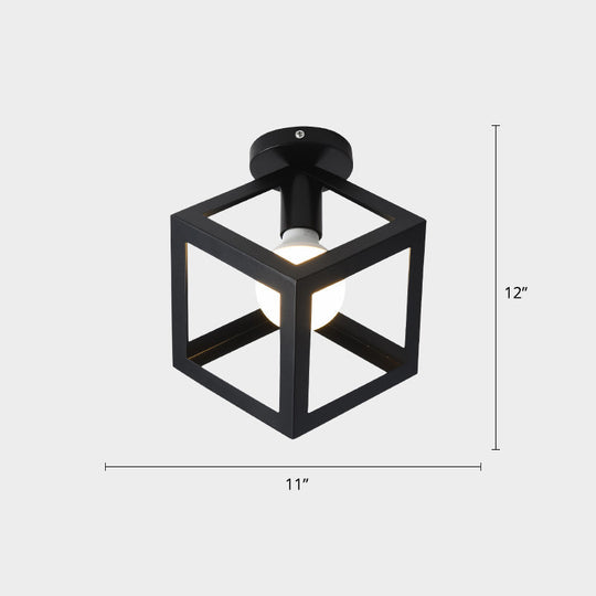 Industrial Metal Flush Ceiling Light Fixture - Cage Style, Small Aisle, 1 Head Black Flushmount Lighting