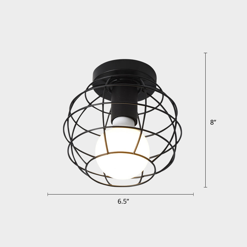Industrial Metal Flush Ceiling Light Fixture - Cage Style, Small Aisle, 1 Head Black Flushmount Lighting